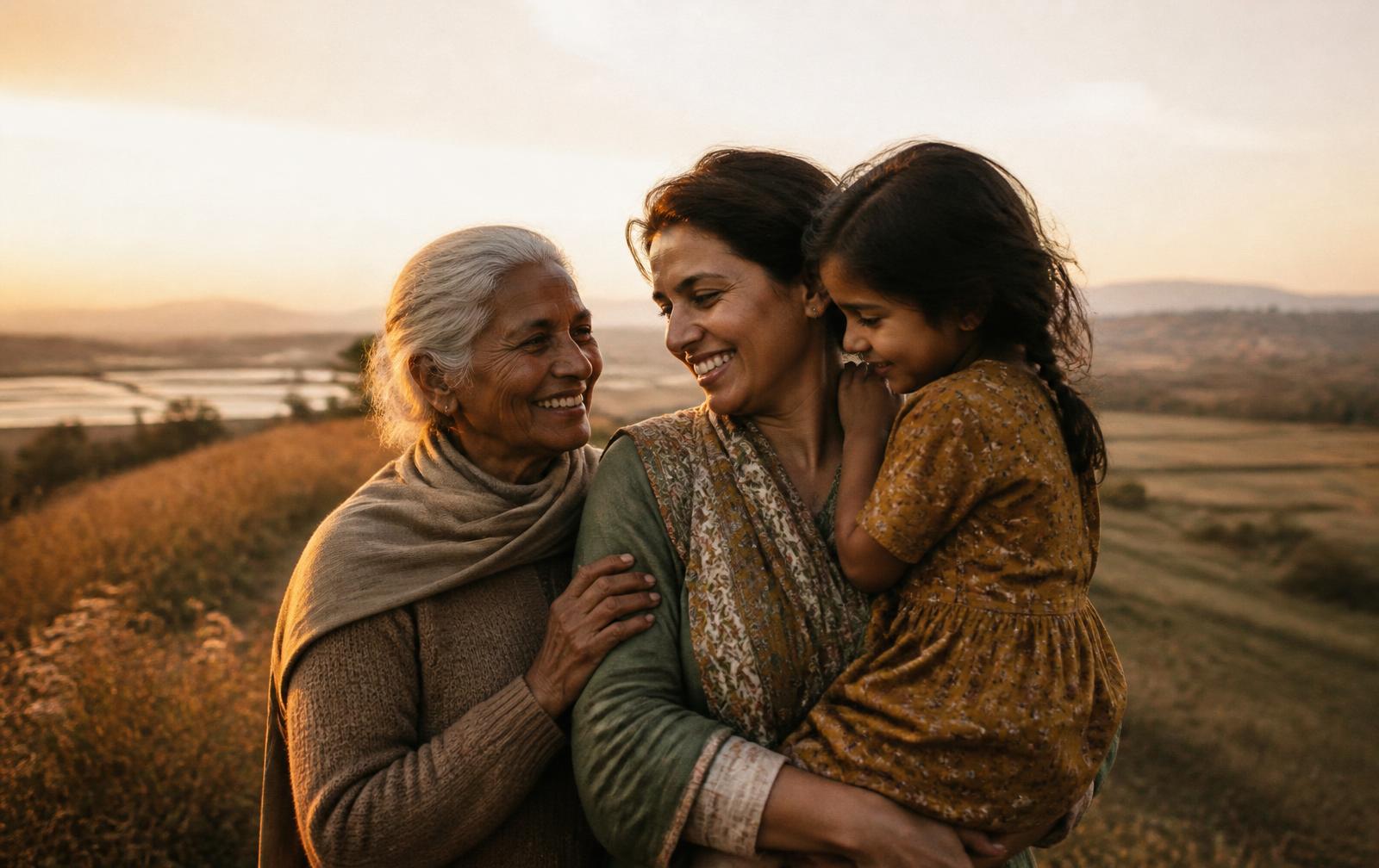 Three generations of a family together at golden hour